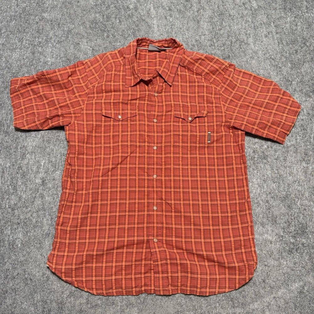 Merrell Men's Large Pearl Snap Shirt Short Sleeve Orange Plaid Western Hiking L